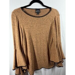 Coco Bianco Tan Marled Knit Top Bell Sleeve Faux Leather Trim Tiered Flared